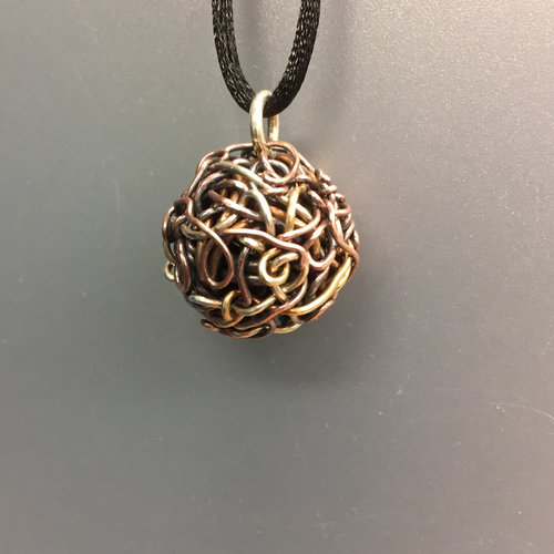 woven ball necklace, copper, sterling, brass
