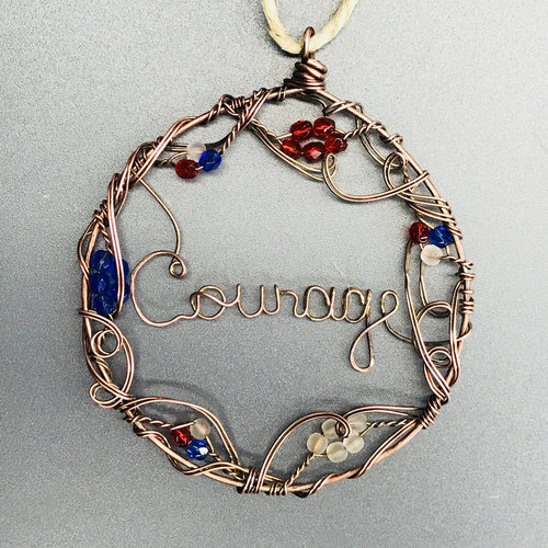 courage wire written circle ornament, red, white, blue, patriotic