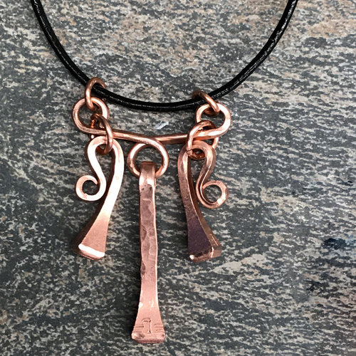 Horseshoe Nail Triple Dangle Pendant, Copper Coated Steel