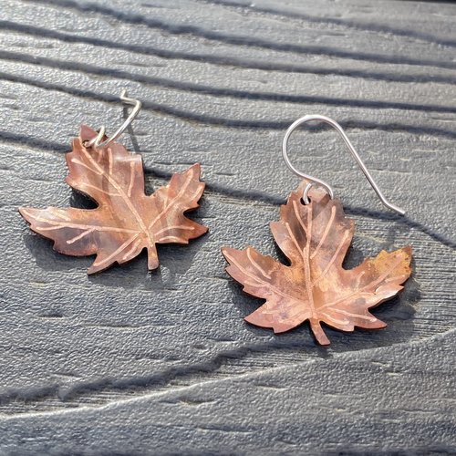copper maple leaf flame patinaed earrings2