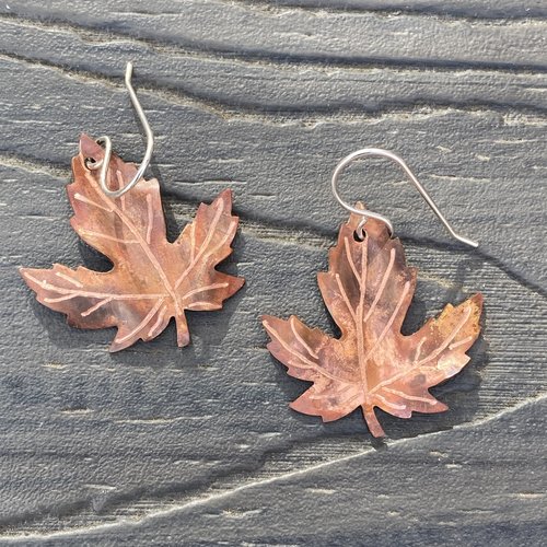 copper maple leaf flame patinaed earrings1