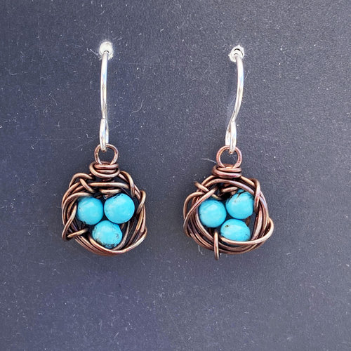 Bird's nest earrings, copper & turquoise blue howlite, photo 1