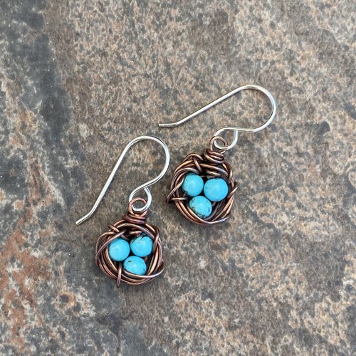 Bird's nest earrings, copper & turquoise blue howlite, photo 2