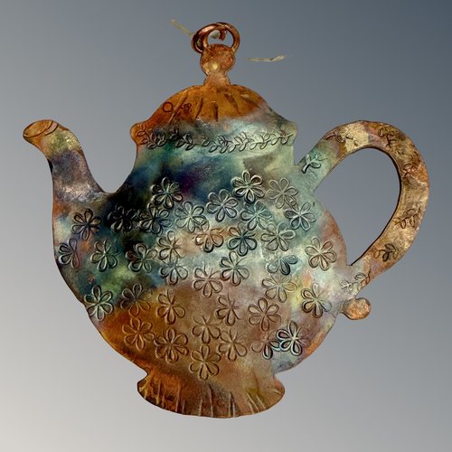 Copper Tea Kettle ornament on greyscale background