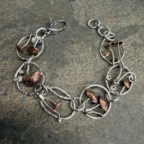 Mixed metal, sterling & copper, mushroom link bracelet, photo 6. 