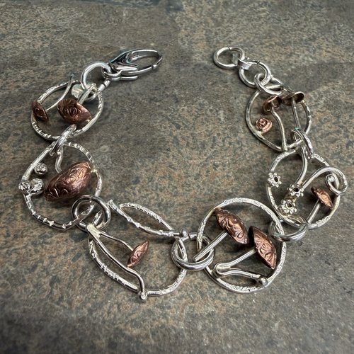 Mixed metal, sterling & copper, mushroom link bracelet, photo 5.