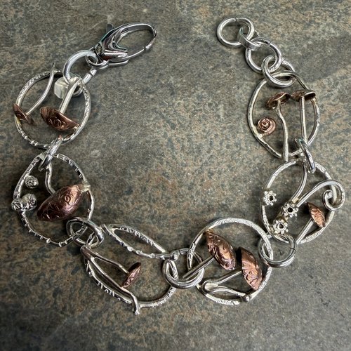 Mixed metal, sterling & copper, mushroom link bracelet, photo 4.