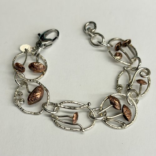 Mixed metal, sterling & copper, mushroom link bracelet, photo 2.