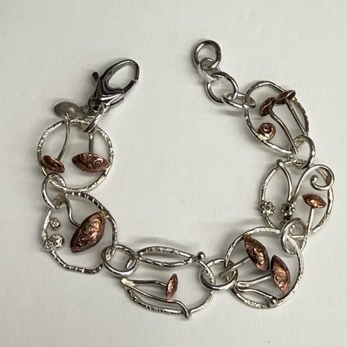 Mixed metal, sterling & copper, mushroom link bracelet, photo 1. 