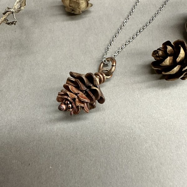 Copper pine hemlock cone pendant, 1