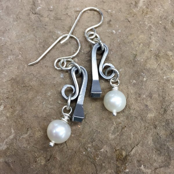 horseshoe nail & freshwater pearl dangle earrings