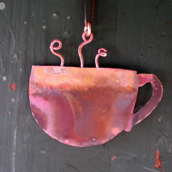 copper coffee cup ornament, view 1