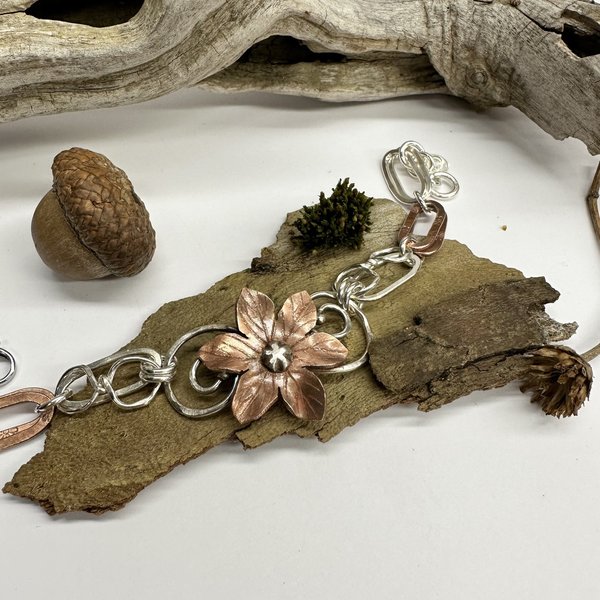 Sterling & copper flower bracelet, photo 1.