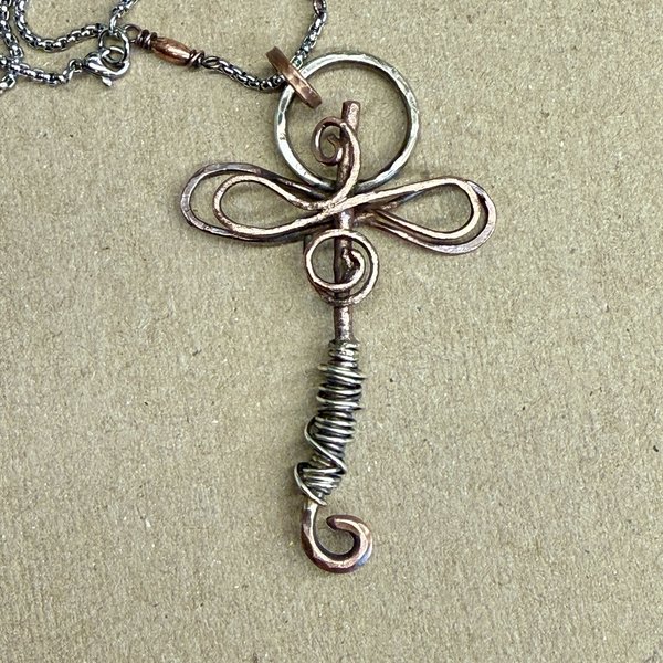 Sterling & Copper Dragonfly Pendant, close up view.