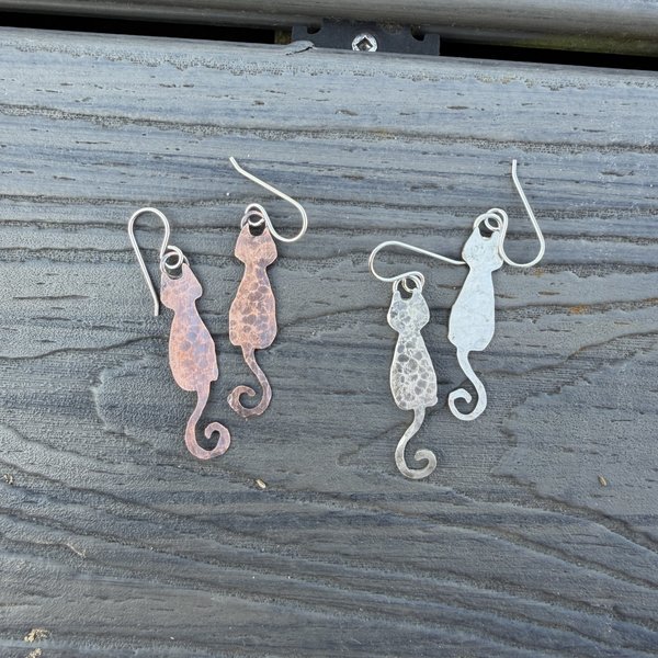 Cat earrings in sterling silver or copper