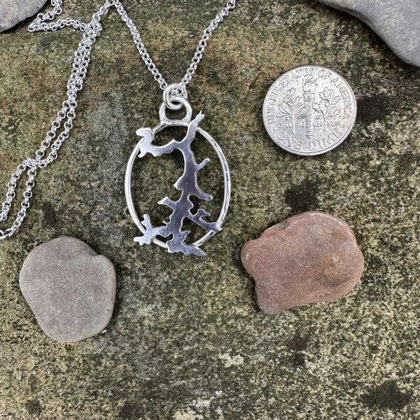 Deep Creek Lake outline necklace, sterling silver.